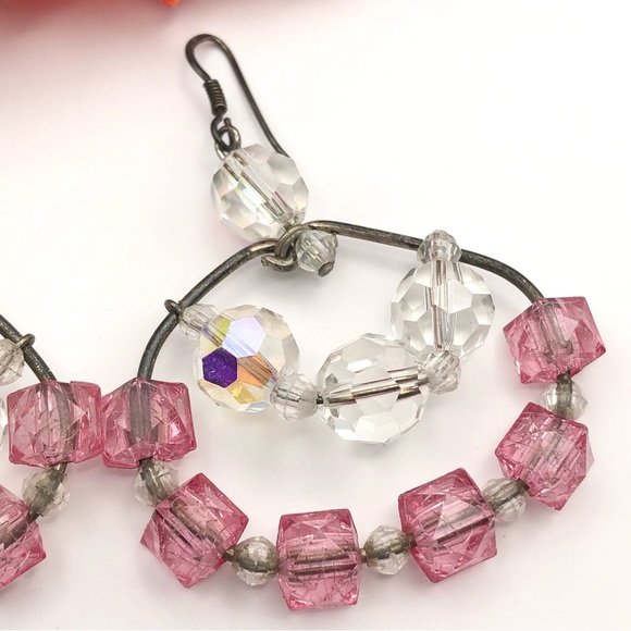 Handmade Artisan Beaded Sterling Silver Hoop Dangle Earrings Barbiecore Pink AB - Picture 6 of 12